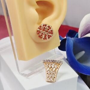 Basketball Hoop & Ball Stud Earrings 🏀 Rhinestone Gold Mismatched Sports Set